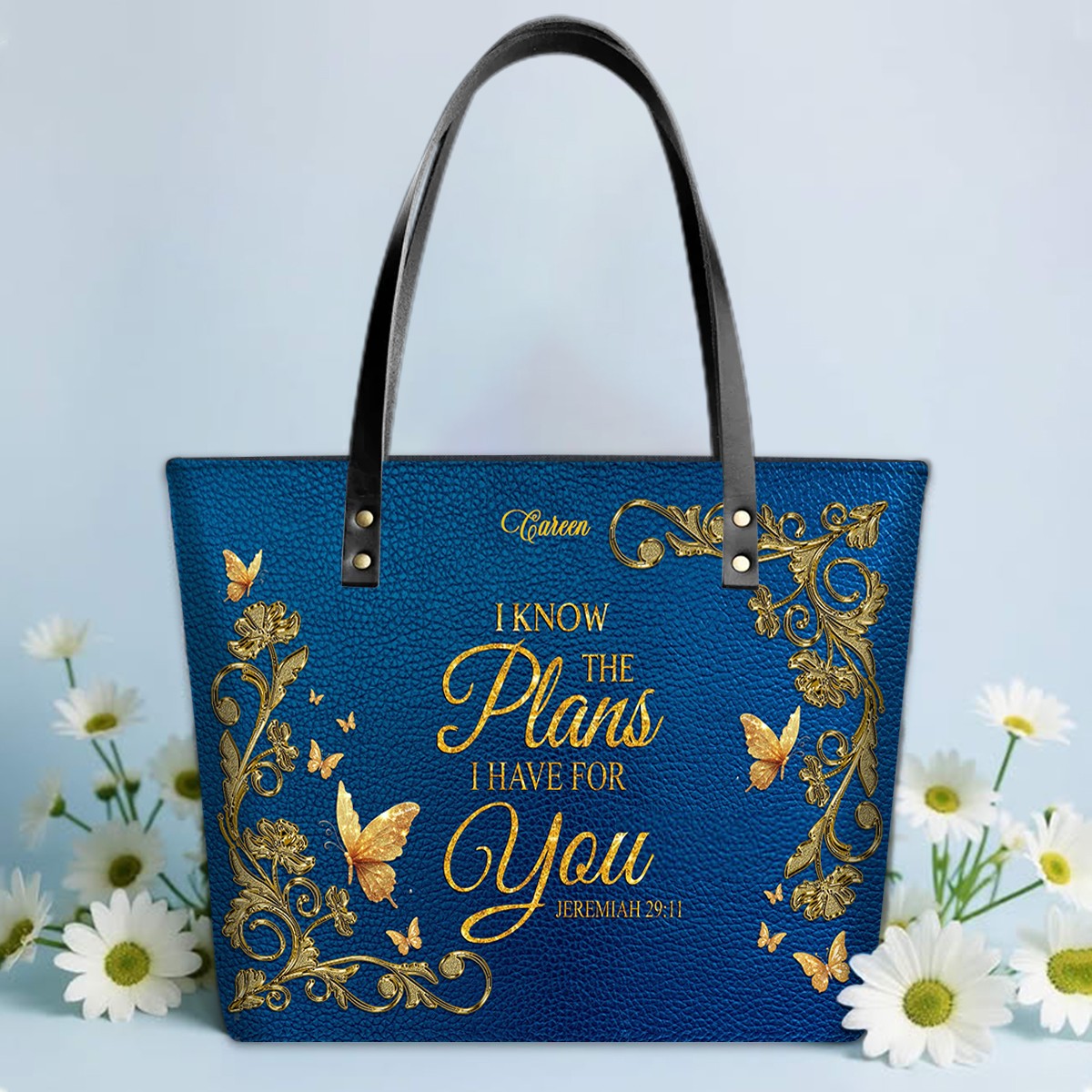 Personalized Leather Tote Bag with Bible Verses – Custom Faith-Inspired Leather TOTE Bag | CHRISTIANARTBAG Leather TOTE Bag Navy CAB01122225