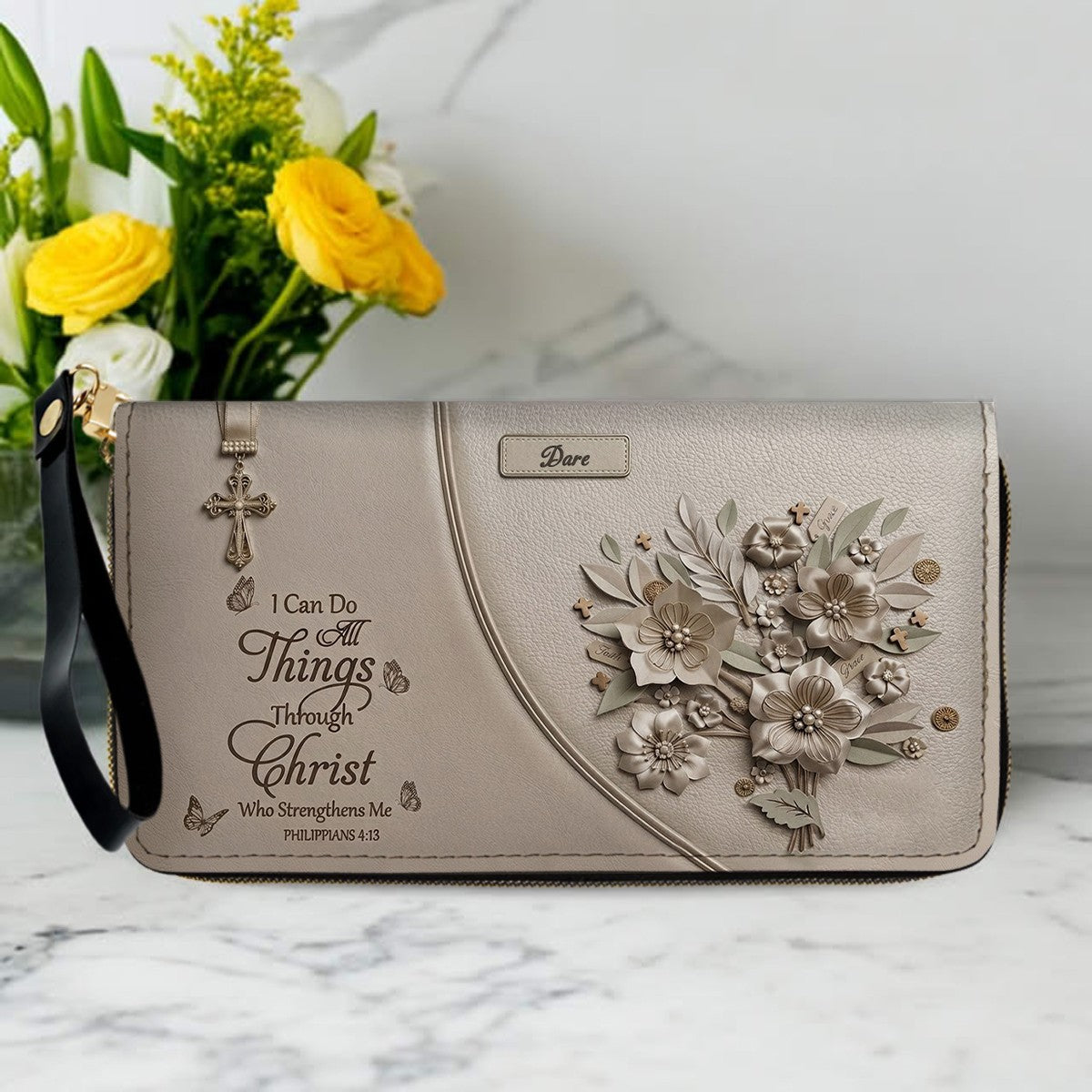 Custom Name Christian Leather Handbag by CHRISTIANARTBAG | I Can Do All Things Shoulder Bag, Religious Floral Gift for Her CAB01070126
