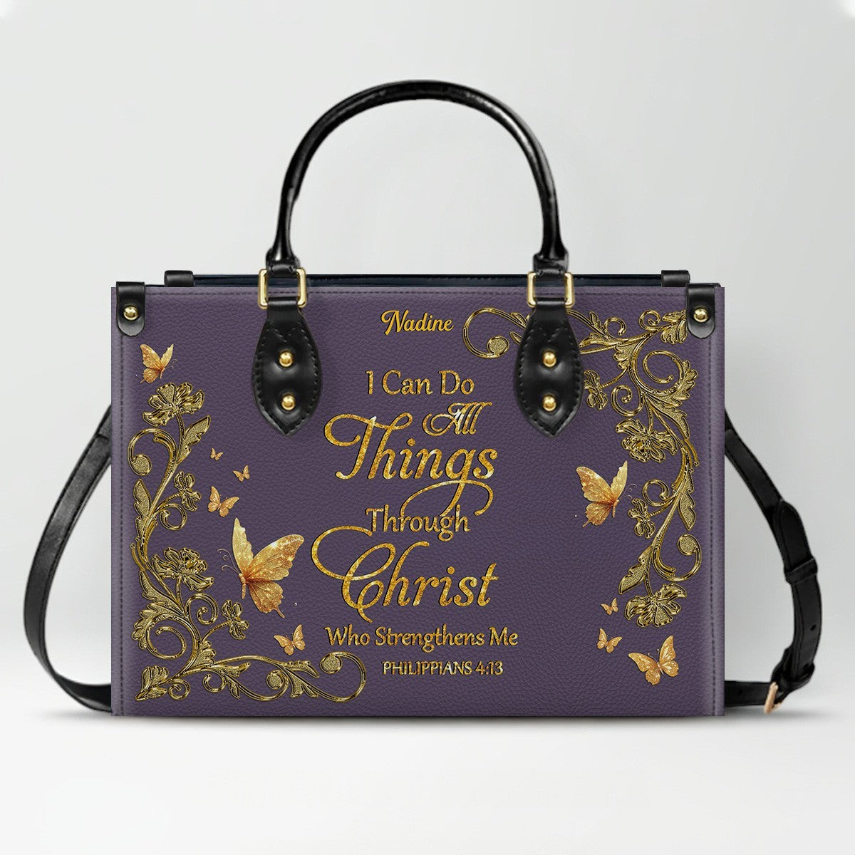 Personalized Christian Leather Handbag - Custom Name Bible Verse Tote Bag - Floral Butterfly Embossed Satchel - Luxury Boho Gift for Christian Women - CHRISTIANARTBAG