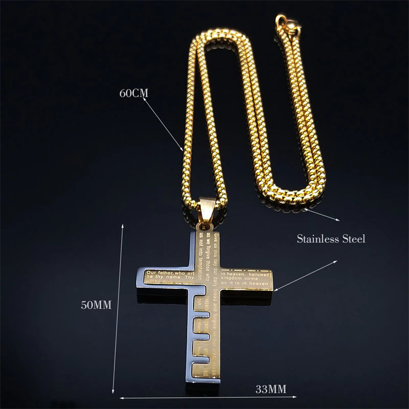 Christianartbag Jewelry, Cross Christian Church Prayer Necklace Men Stainless Steel Gold Color Bible Amulet Necklaces Jewelry,CABJWL02270723 - Christian Art Bag