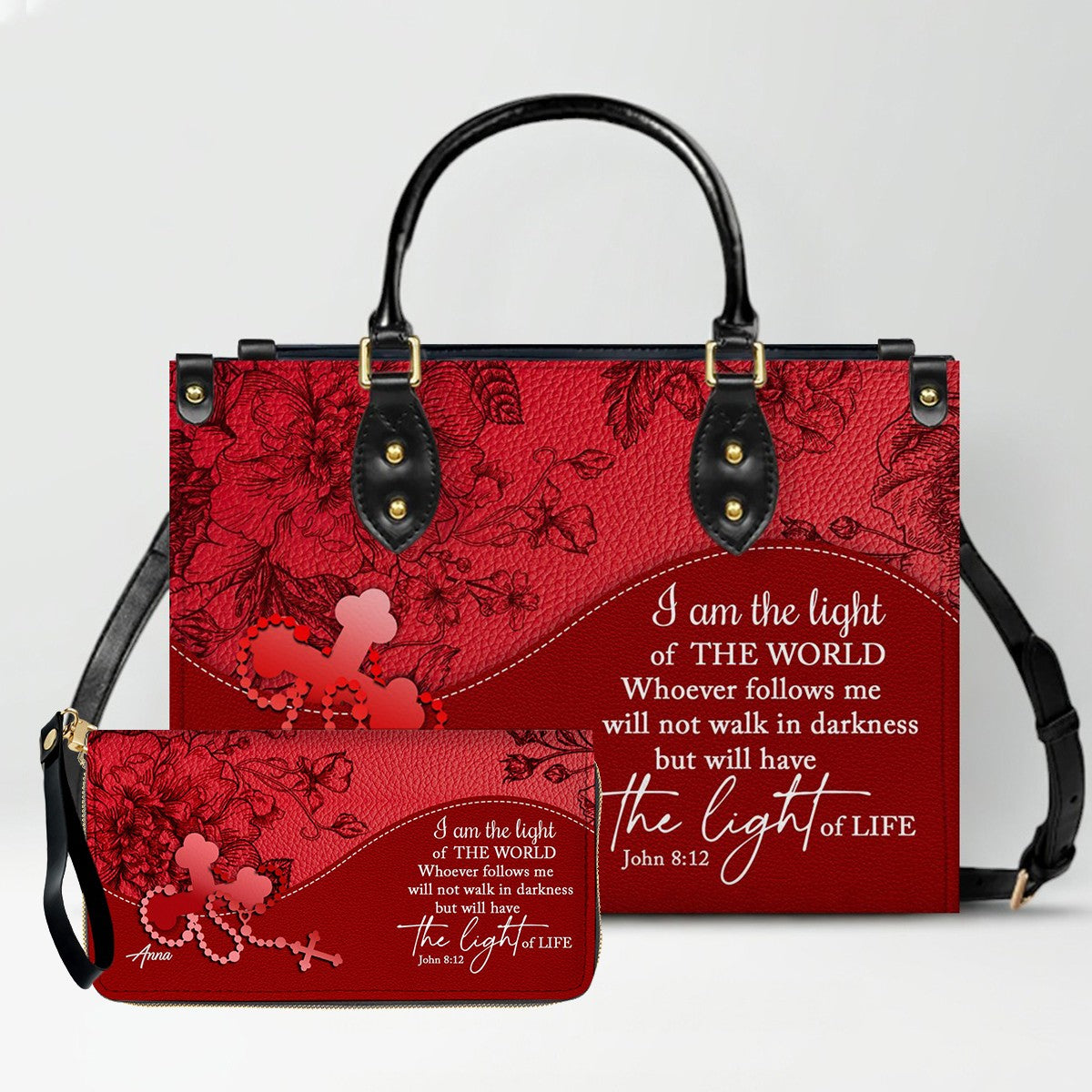 SET Personalized Christian Leather Handbag and Clutch Purse – Red Bible Verse Gift for Women of Faith | CHRISTIANARTBAG
