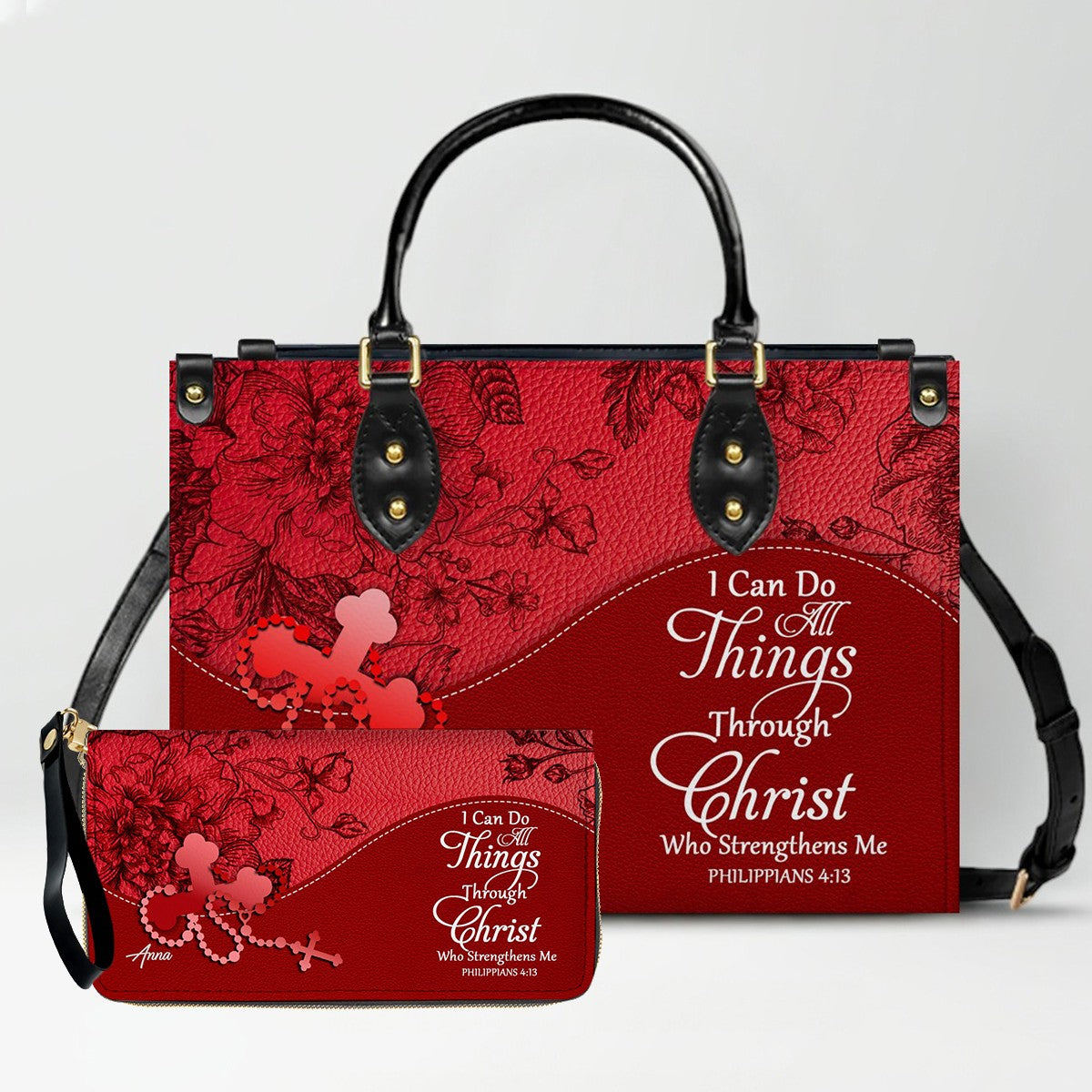 SET Personalized Christian Leather Handbag and Clutch Purse – Red Bible Verse Gift for Women of Faith | CHRISTIANARTBAG