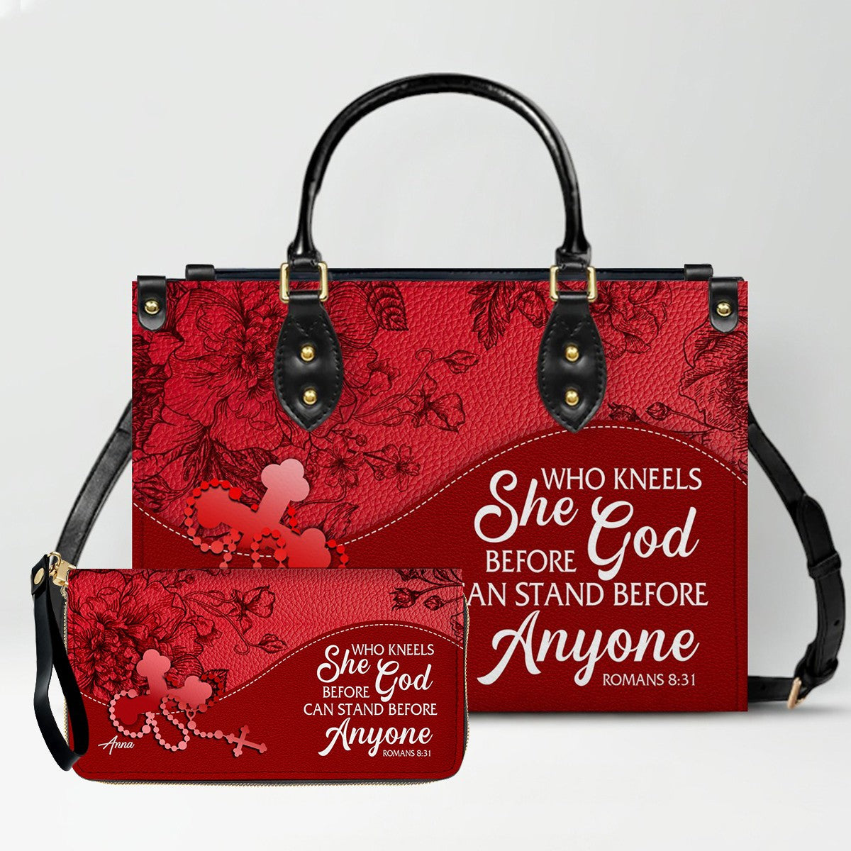 SET Personalized Christian Leather Handbag and Clutch Purse – Red Bible Verse Gift for Women of Faith | CHRISTIANARTBAG