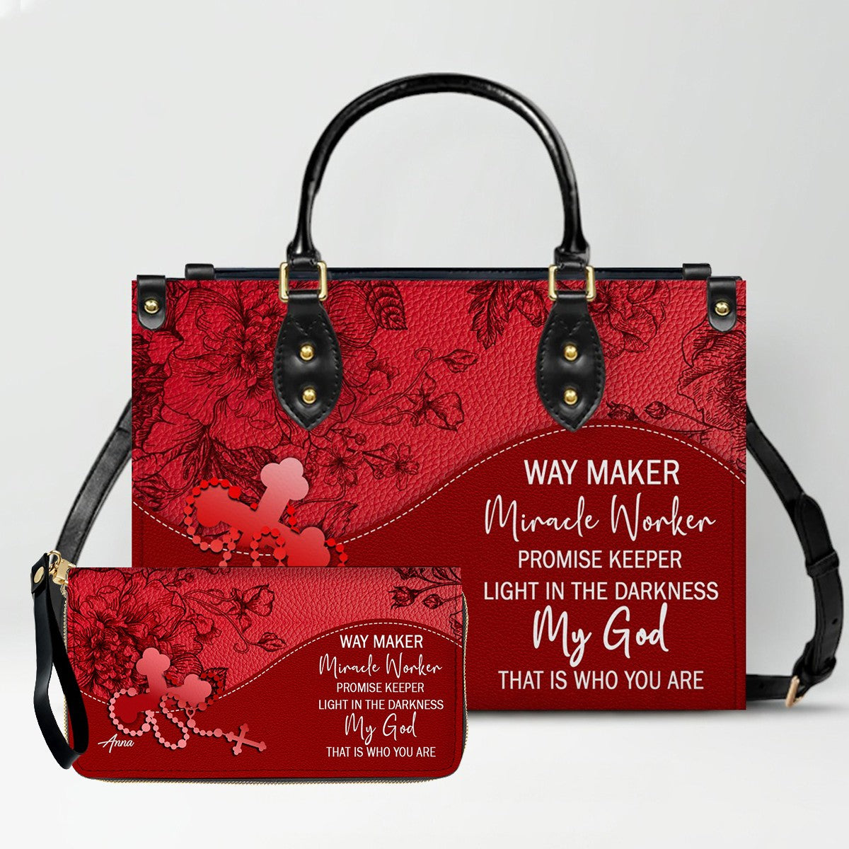 SET Personalized Christian Leather Handbag and Clutch Purse – Red Bible Verse Gift for Women of Faith | CHRISTIANARTBAG