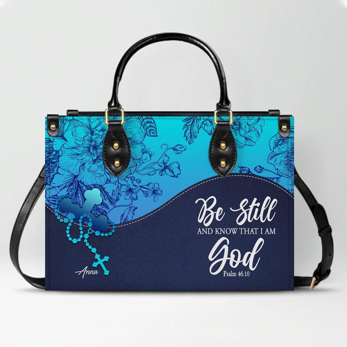 Sapphire Blue Personalized Leather Handbag – Christian Handbag with Bible Verses | Elegant Faith-Inspired Tote