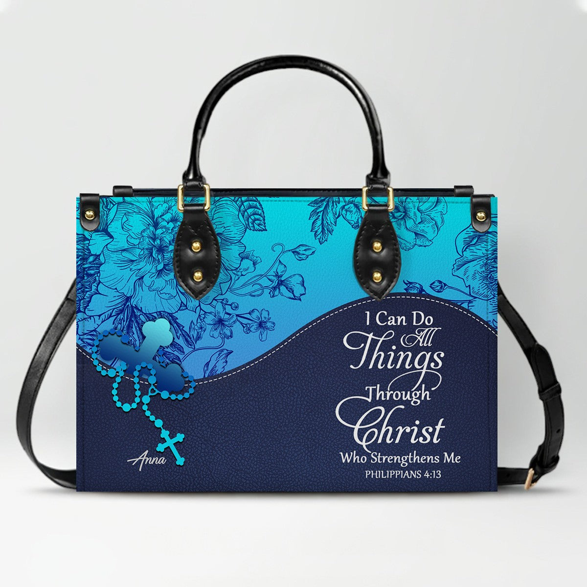 Sapphire Blue Personalized Leather Handbag – Christian Handbag with Bible Verses | Elegant Faith-Inspired Tote