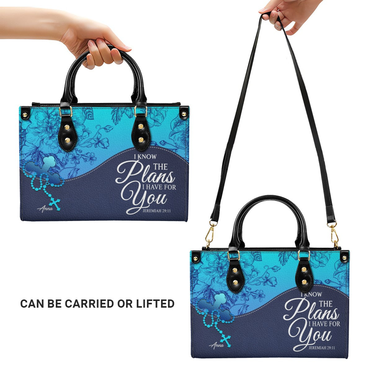 Sapphire Blue Personalized Leather Handbag – Christian Handbag with Bible Verses | Elegant Faith-Inspired Tote