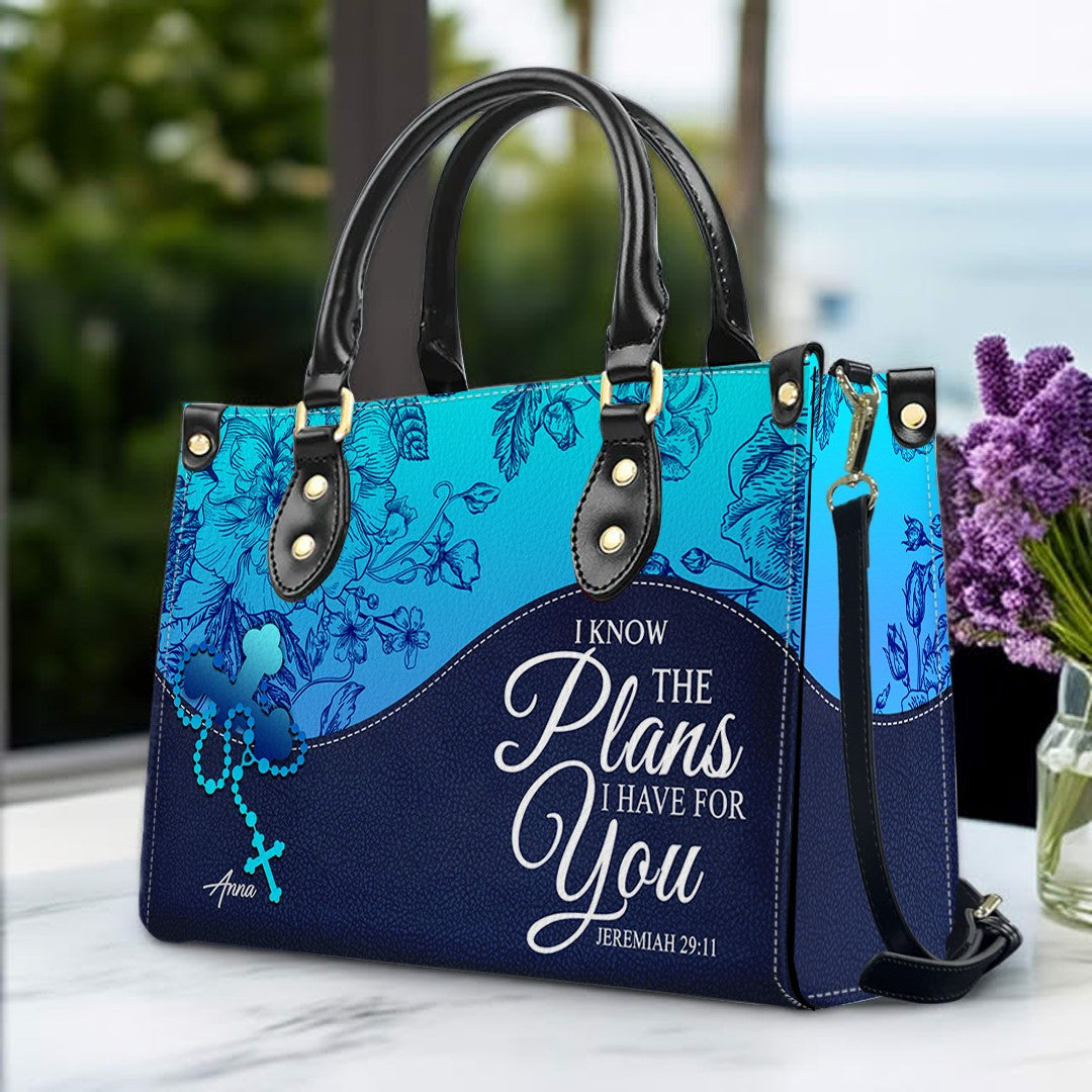 Sapphire Blue Personalized Leather Handbag – Christian Handbag with Bible Verses | Elegant Faith-Inspired Tote
