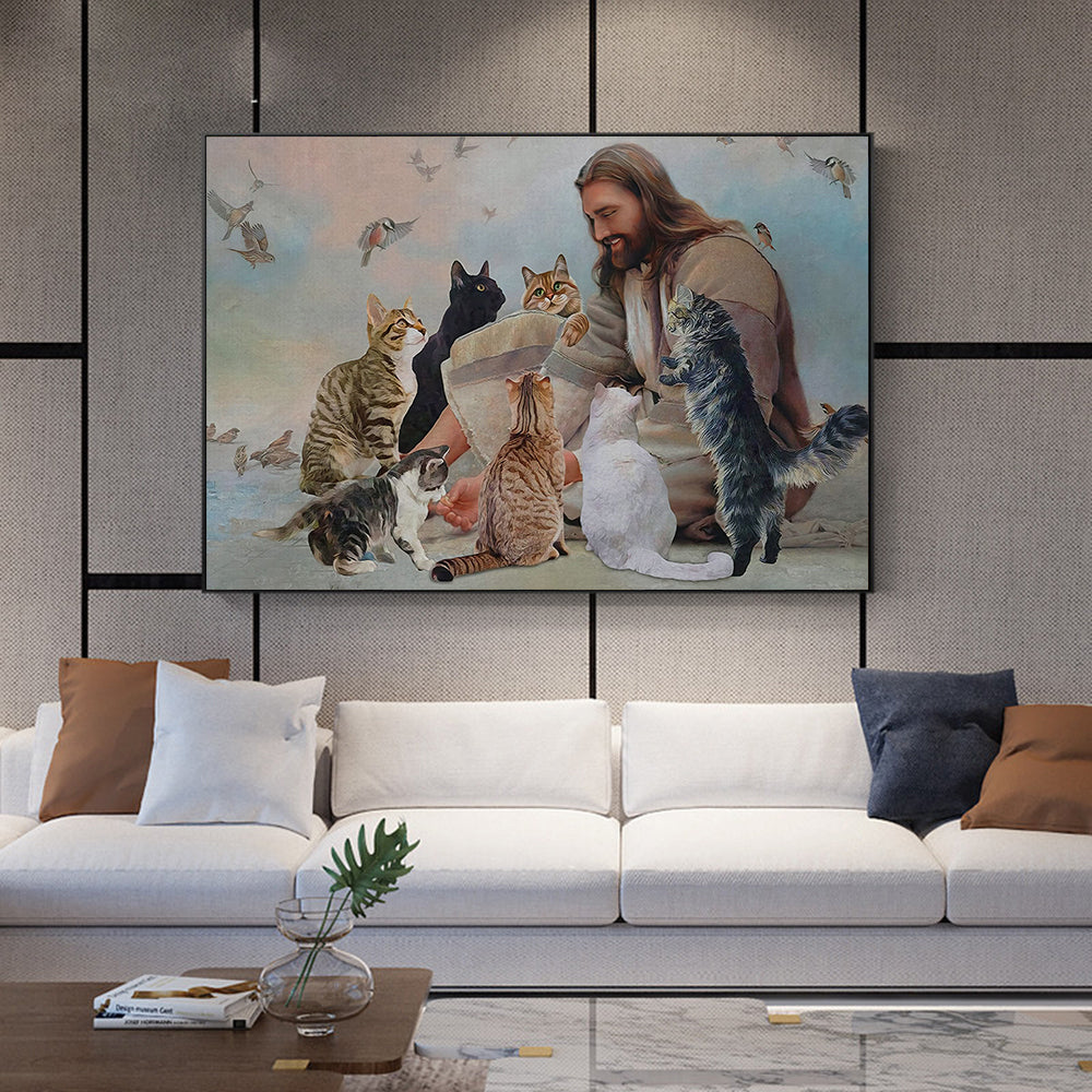 Christianartbag Home Decor, God Surrounded By Cats Angels Canvas Print Poster Jesus Wall Art Cozy Picture for Christian Gift Living Room Home Decor Cuadros - Christian Art Bag