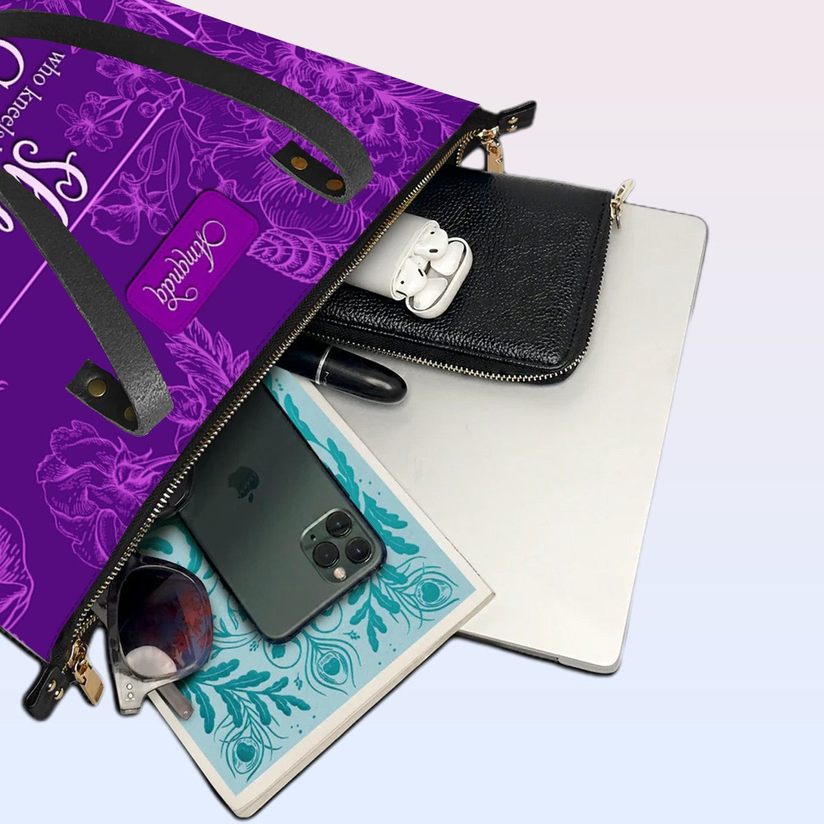 Personalized Leather Tote Bag with Bible Verses – She Who Kneels Before God Can Stand Before Anyone | CHRISTIANARTBAG Leather TOTE Bag