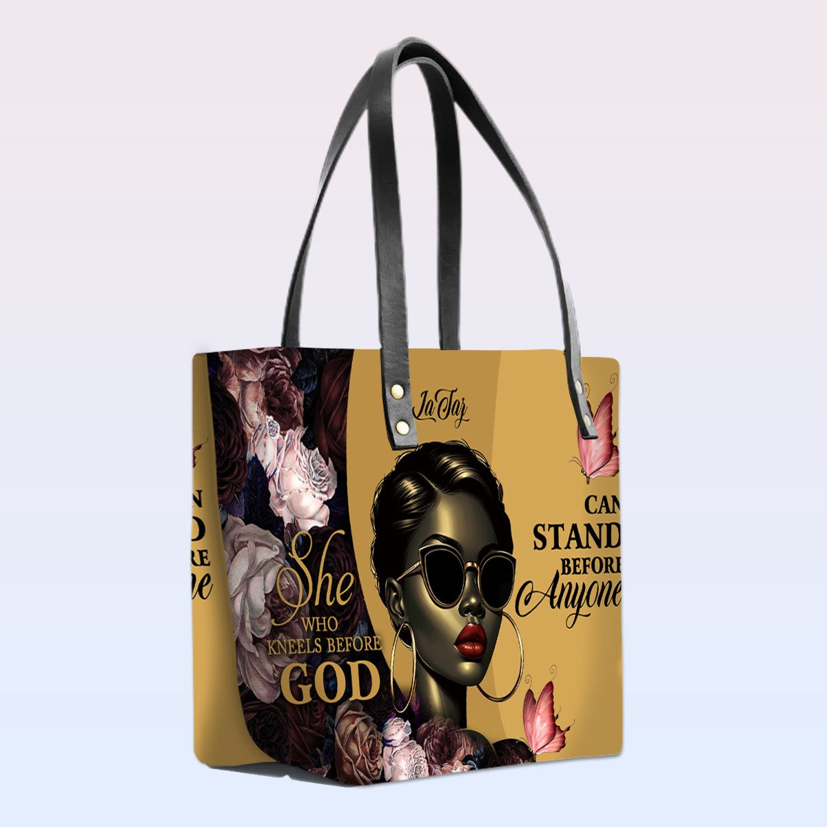 Personalized Leather Tote Bag with Bible Verses – She Who Kneels Before God Can Stand Before Anyone - Elegant & Empowering | CHRISTIANARTBAG Leather TOTE Bag