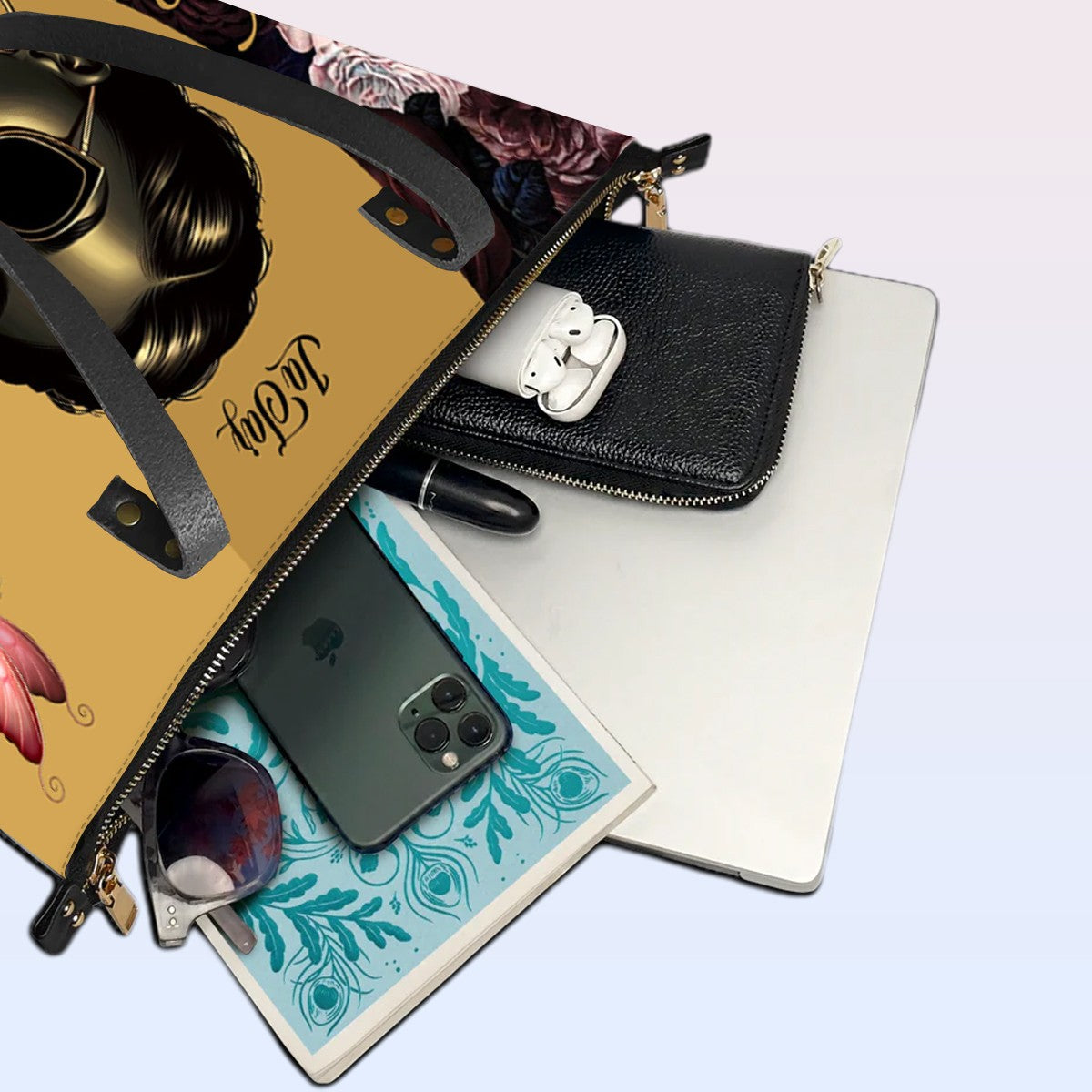 Personalized Leather Tote Bag with Bible Verses – She Who Kneels Before God Can Stand Before Anyone - Elegant & Empowering | CHRISTIANARTBAG Leather TOTE Bag