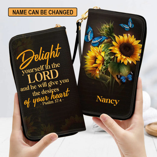 Christianartbag Clutch Purse, Sunflower Psalm 374 Delight Yourself In The Lord Clutch Purse For Women, Personalized Name, Christian Gifts For Women, CAB04091223. - Christian Art Bag