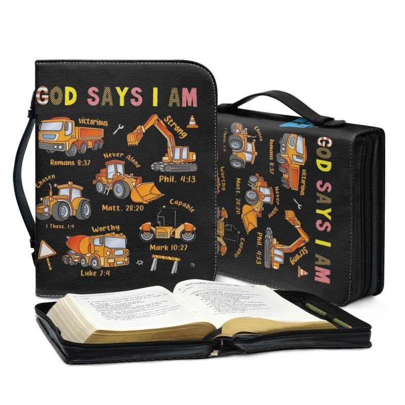 Christianartbag Bible Cover for Children, GOD Says I Am Bible Cover for Children, Construction Vehicle Bible Cover, Personalized Bible Cover, Bible Cover For Kids, Christian Gifts for Kids, CABCK05191023 - Christian Art Bag