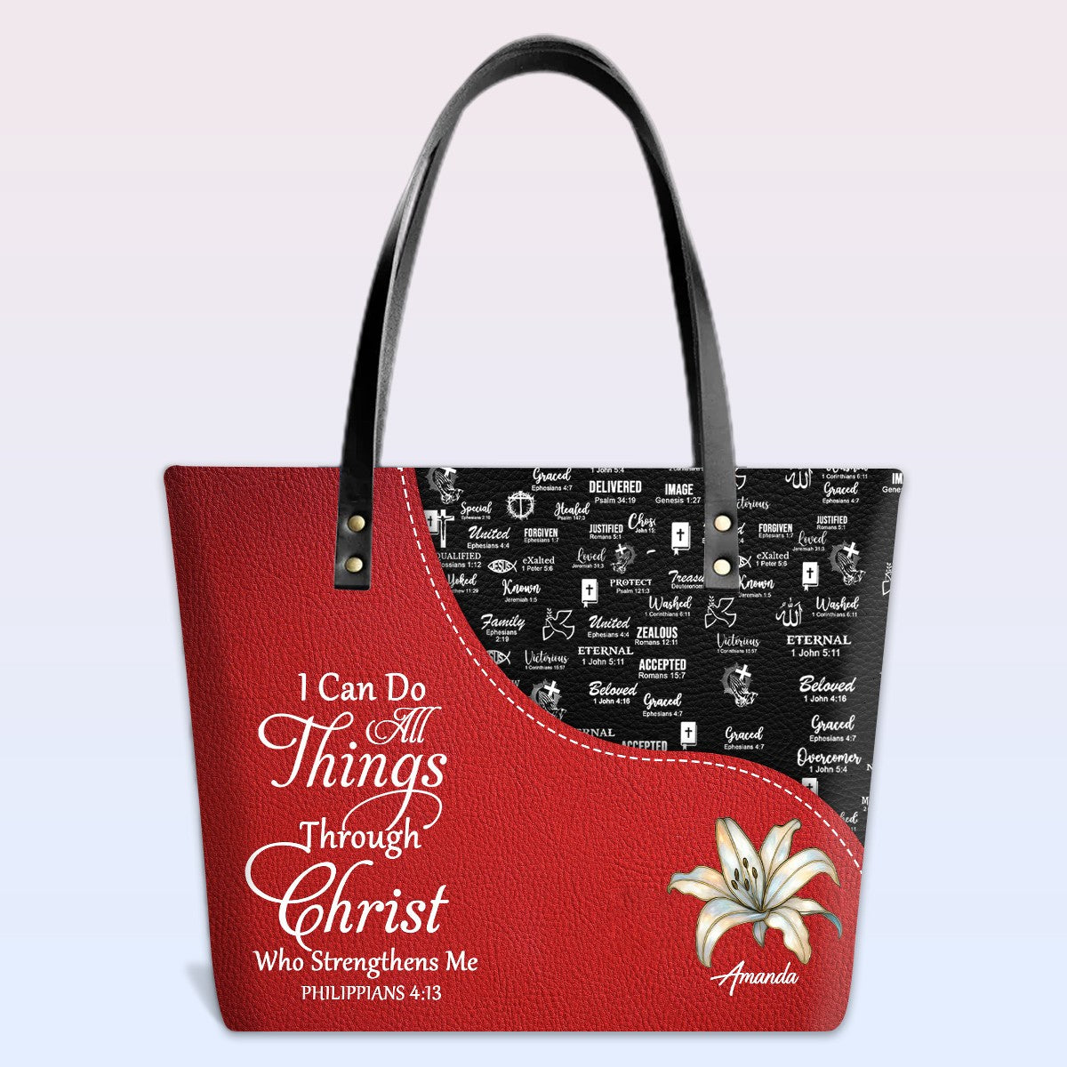 Personalized Christian Red Leather Tote Bag Luxury with Bible Verses – Custom Name Handbag by CHRISTIANARTBAG