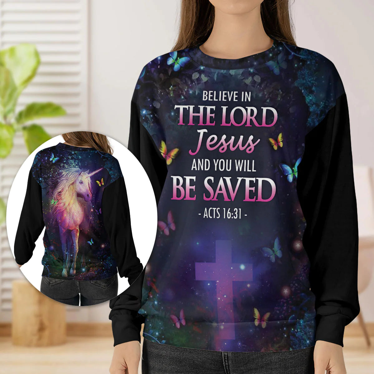 Christianartbag 3D Sweater,Believe In The Lord Jesus Unicorn & Cross Butrerfly, Unisex Sweater, Christmas Gift. - Christian Art Bag