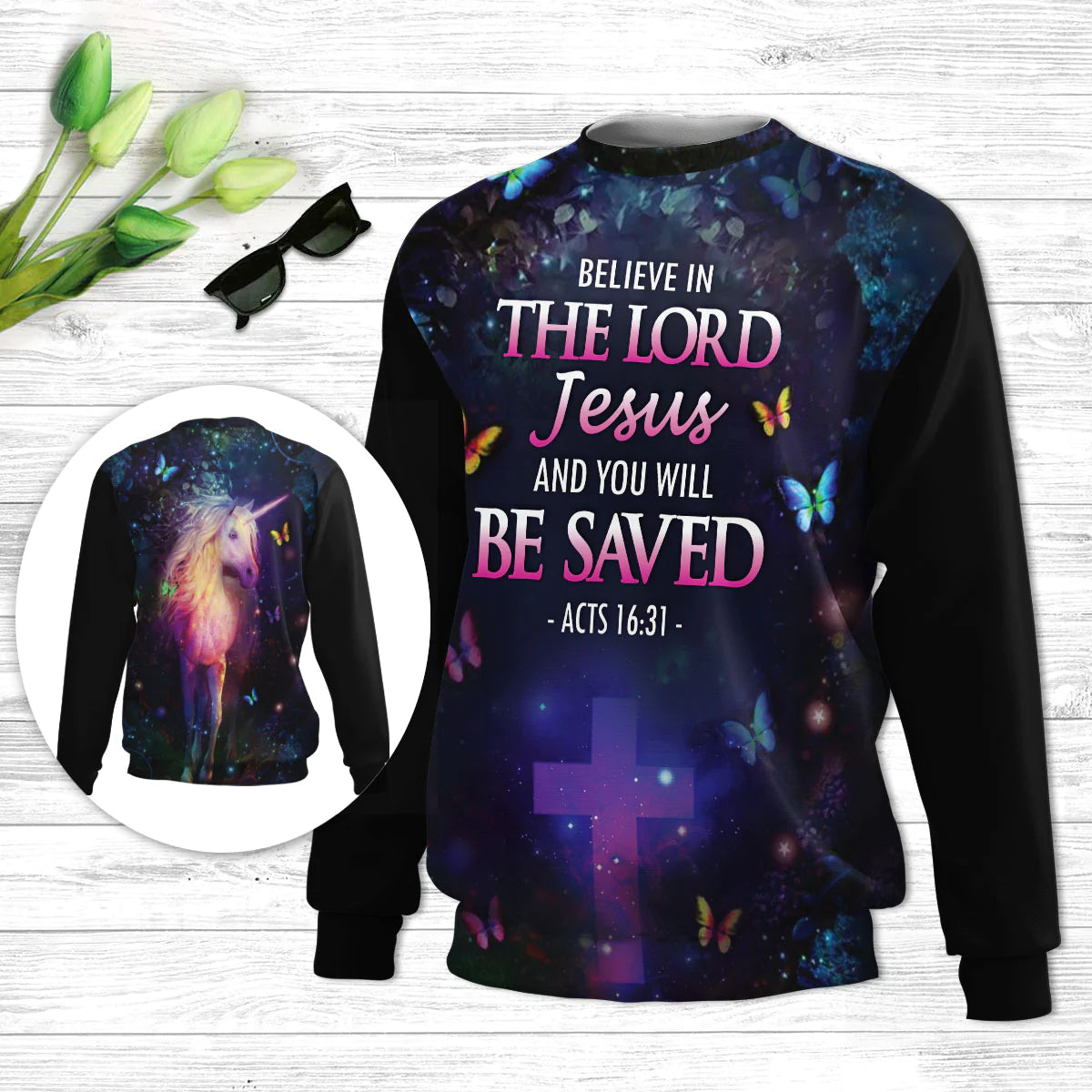 Christianartbag 3D Sweater,Believe In The Lord Jesus Unicorn & Cross Butrerfly, Unisex Sweater, Christmas Gift. - Christian Art Bag