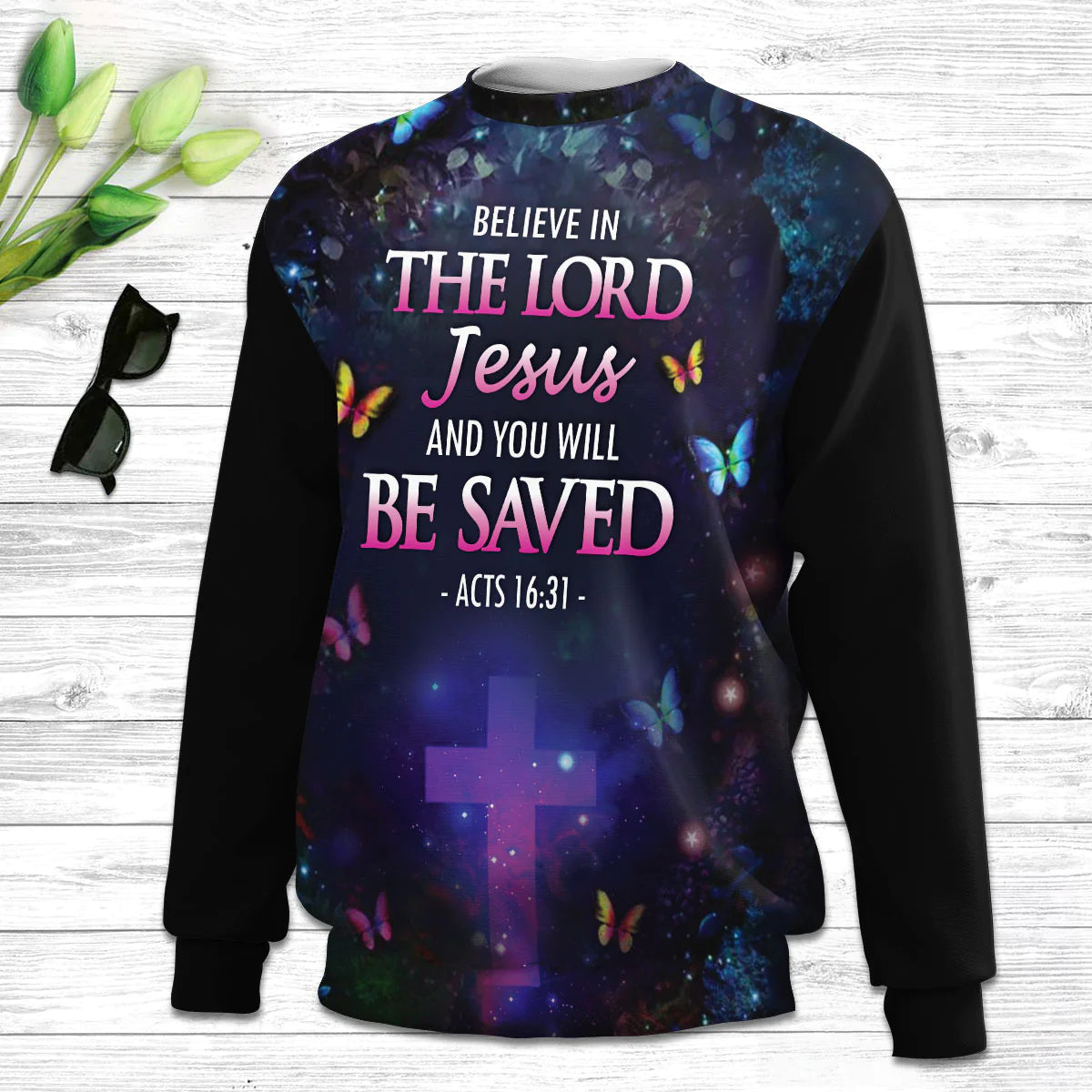 Christianartbag 3D Sweater,Believe In The Lord Jesus Unicorn & Cross Butrerfly, Unisex Sweater, Christmas Gift. - Christian Art Bag