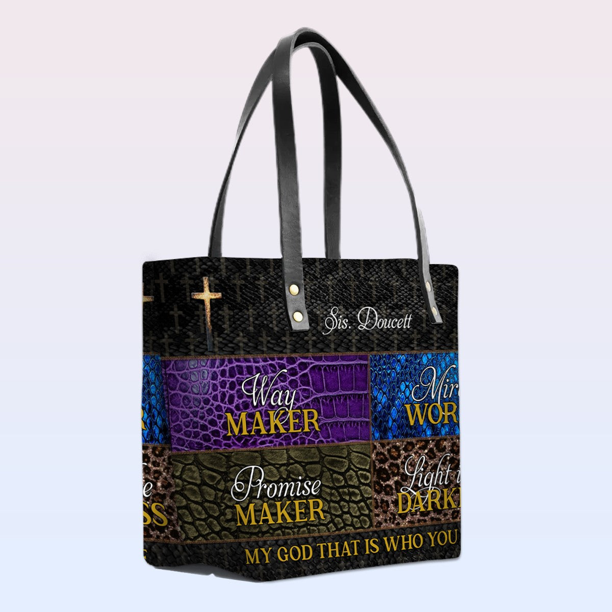 Personalized Leather Tote Bag with Bible Verses – Way Maker | Miracle Worker | Promise Keeper | Light in the Darkness | CHRISTIANARTBAG Leather TOTE Bag
