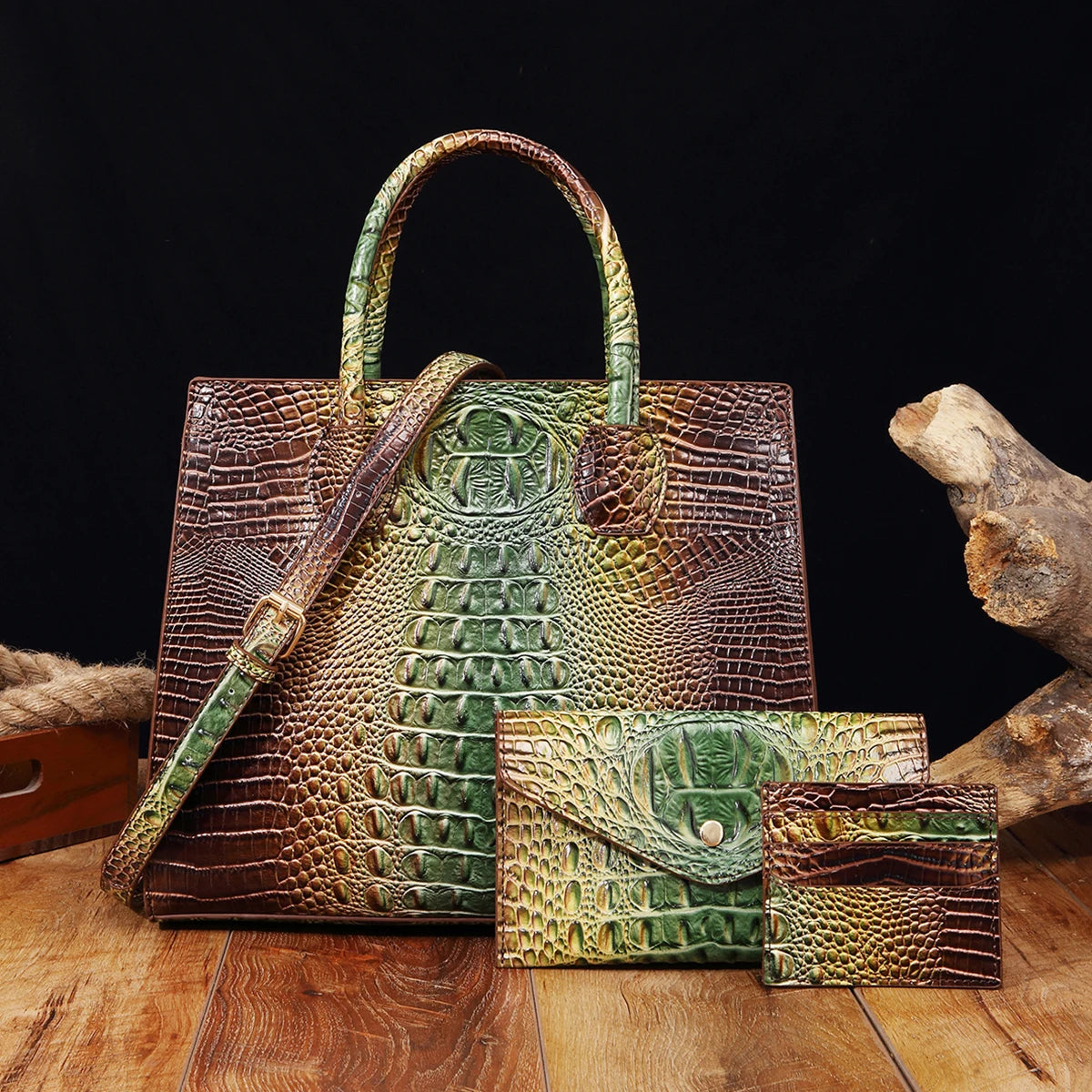 Christianartbag Leather bags - 3 Pcs Crocodile Pattern Handbag & Purses Set, Multi-functional Vintage Top Handle Crossbody Bag & Business Clutch Bag & Card - CAB02240524