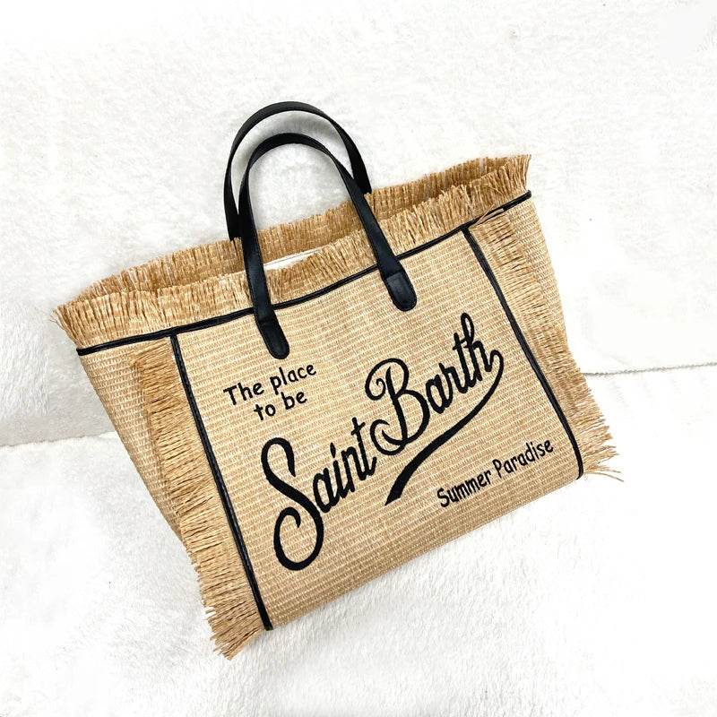 CHRISTIANARTBAG: High-Quality Saint Barth Women's Tassel Tote Bag - Trendy Embroidered Straw Beach Handbag - CAB08250524.