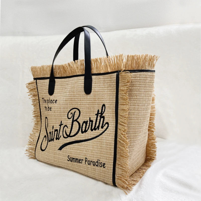 CHRISTIANARTBAG: High-Quality Saint Barth Women's Tassel Tote Bag - Trendy Embroidered Straw Beach Handbag - CAB08250524.