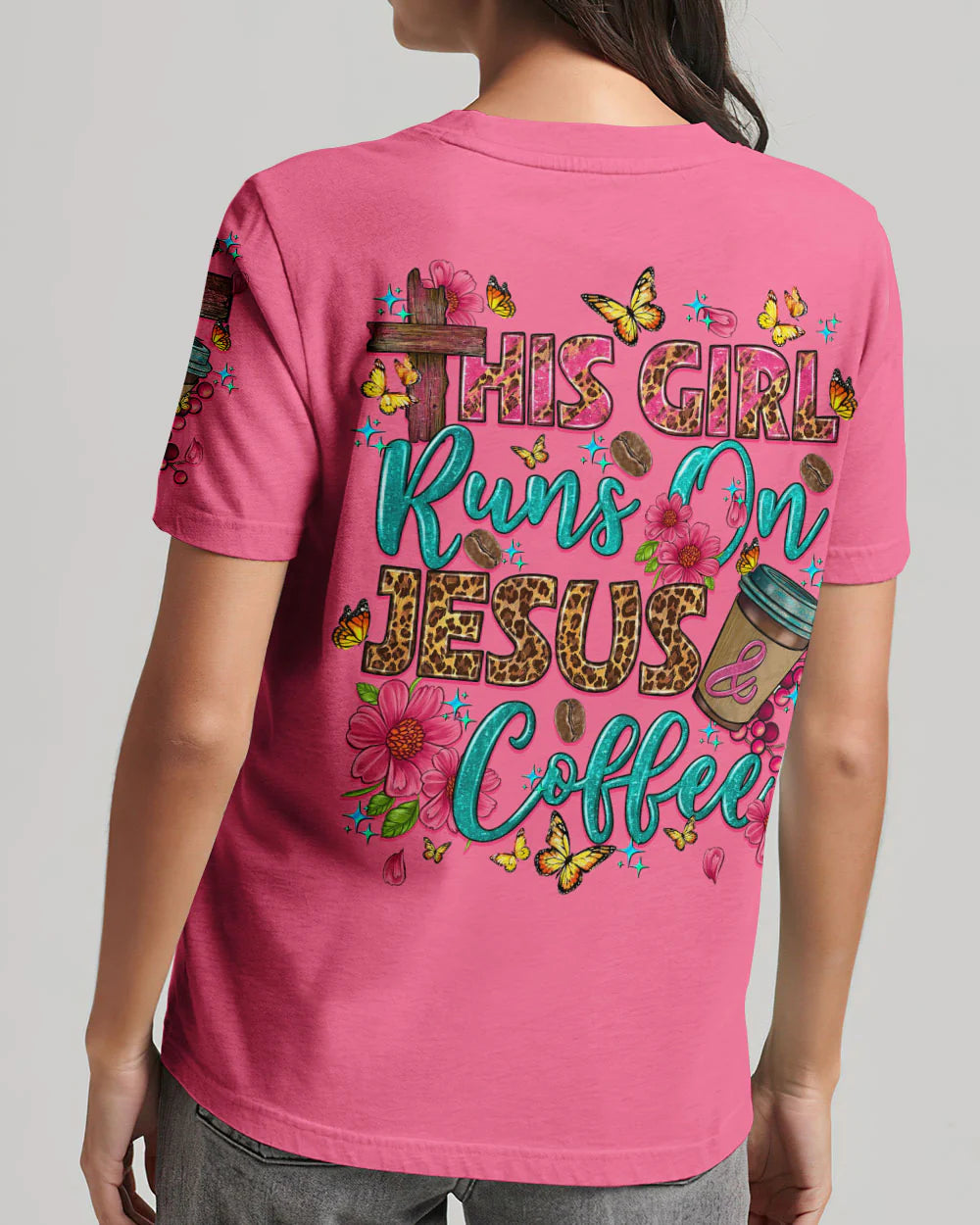 Christianartbag 3D T-Shirt For Women, This Girl Runs On Jesus And Coffee, Christian Shirt, Faithful Fashion, 3D Printed Shirts for Christian Women - Christian Art Bag