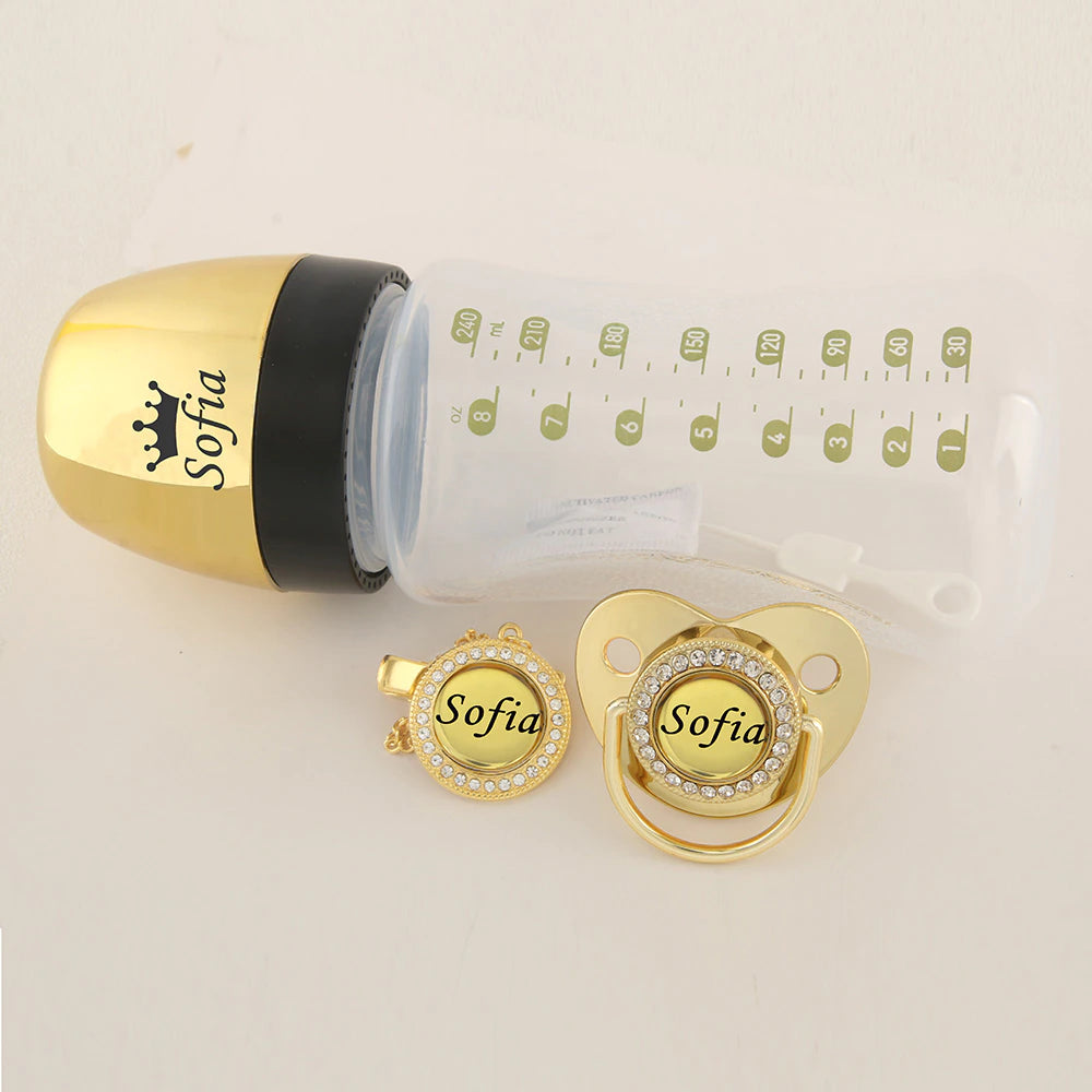 Luxury Any Name Customized Baby Feeding Set Gold Rose Gold Silver Milk Bottle Pacifier Bling Pacifier Case Unique Birthday Gift - Christian Art Bag