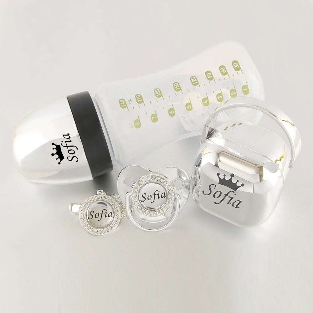 Luxury Any Name Customized Baby Feeding Set Gold Rose Gold Silver Milk Bottle Pacifier Bling Pacifier Case Unique Birthday Gift - Christian Art Bag