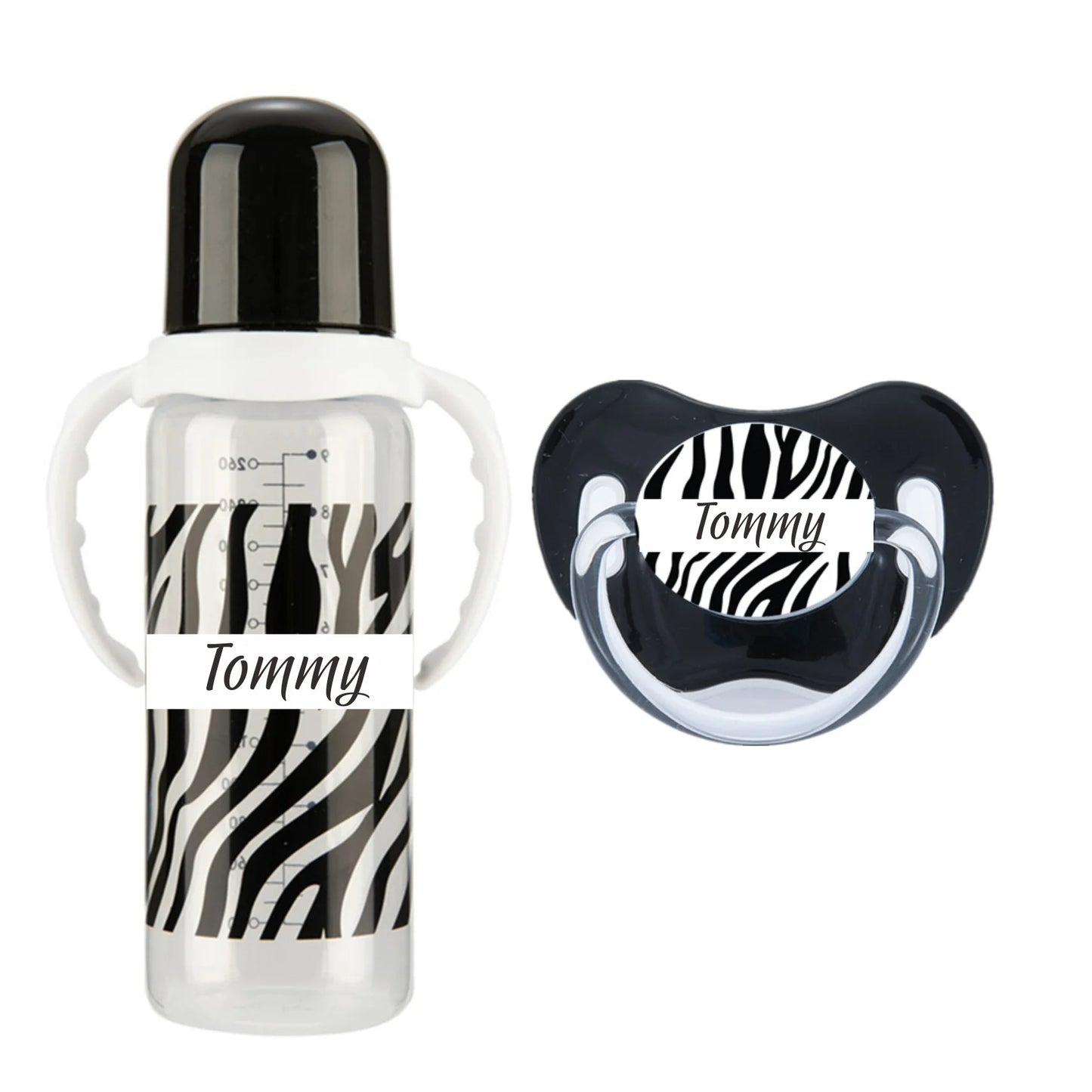 Personalized Baby Bottle – Custom Name Zebra Baby Feeding Bottle & Pacifier Set | BPA-Free | 260ml