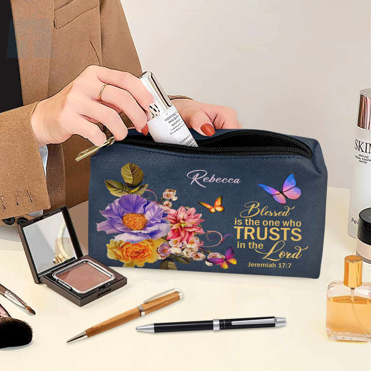 Christianartbag Makeup Cosmetic Bag, Blessed Is The Woman Who Trusts In The Lord Jeremiah 17:7, Christmas Gift, Personalized Leather Cosmetic Bag. - Christian Art Bag