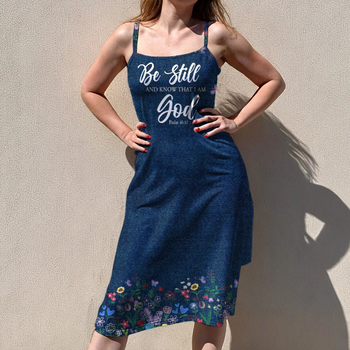 Christian Faith Dress for Women – Bible Verses Denim Print Maxi Dress with Bible Verses | Inspirational Religious Summer Dress
