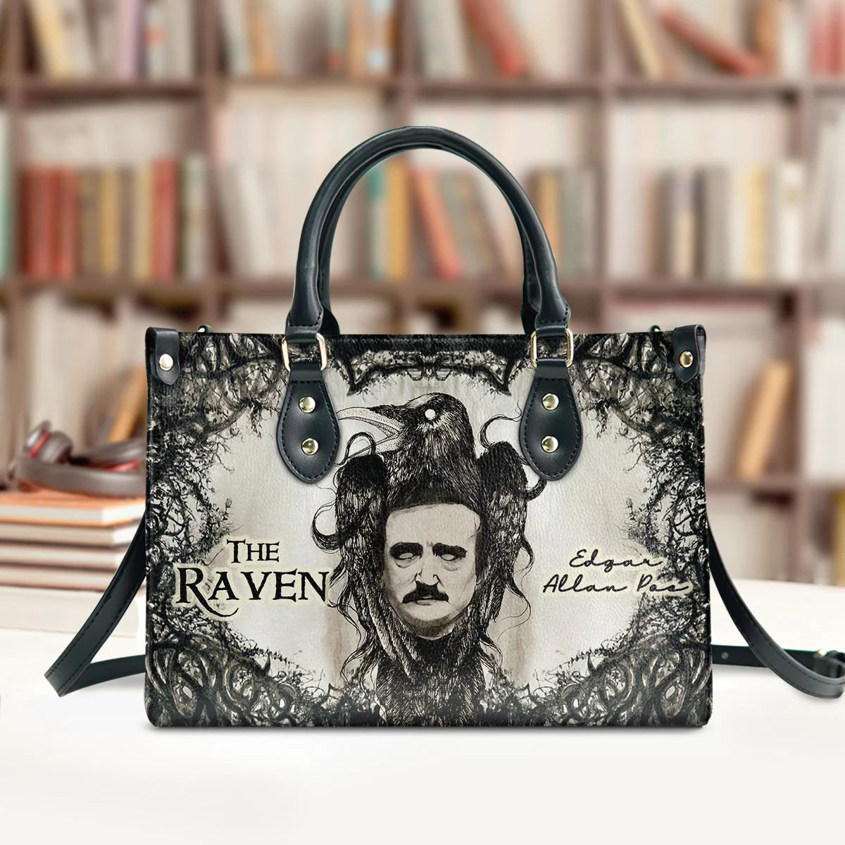 Christianartbag Novel Bags, Personalized Leather Handbags for Literary Enthusiasts, The Raven Edgar Allan Poe Leather Handbag, CABHN05281223. - Christian Art Bag