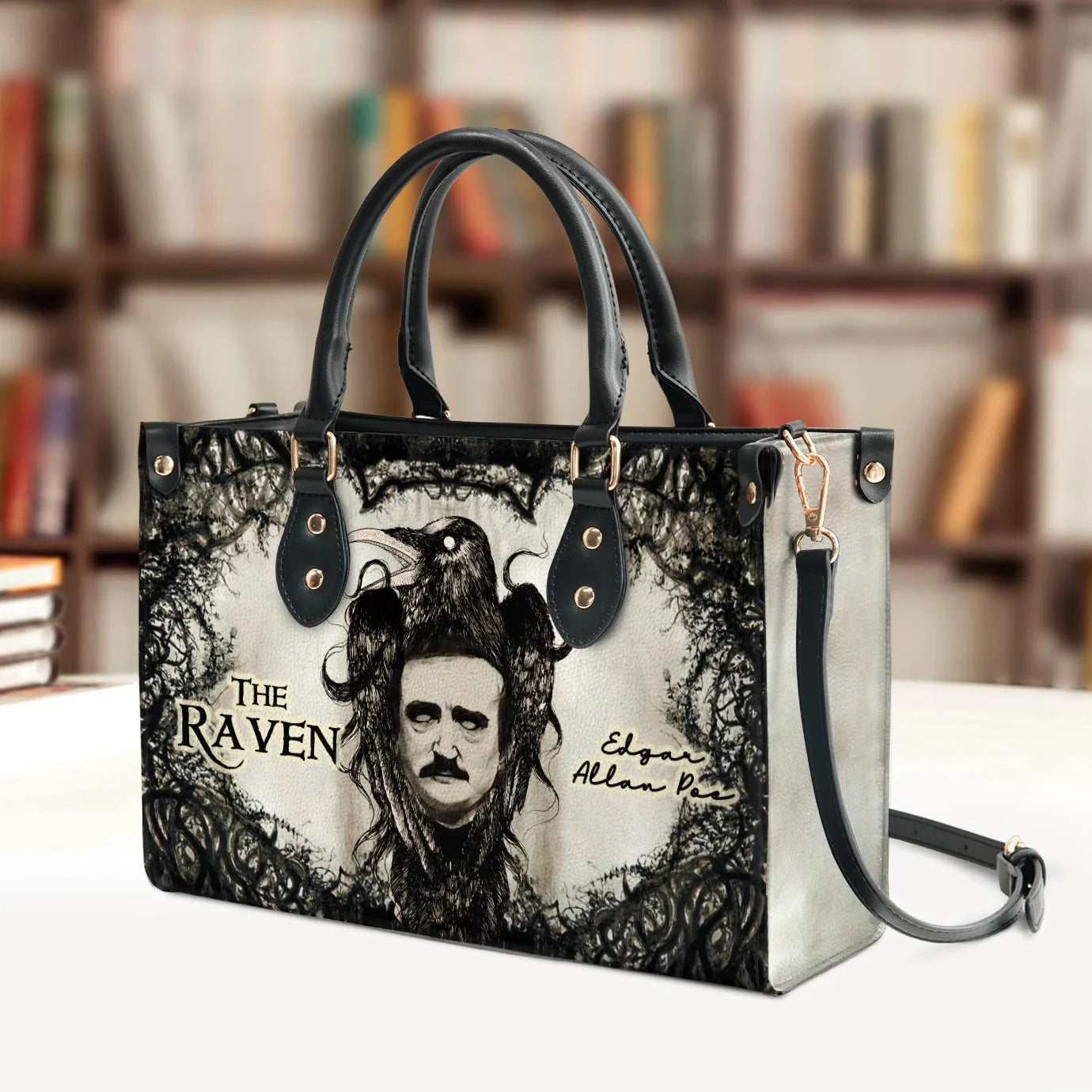 Christianartbag Novel Bags, Personalized Leather Handbags for Literary Enthusiasts, The Raven Edgar Allan Poe Leather Handbag, CABHN05281223. - Christian Art Bag