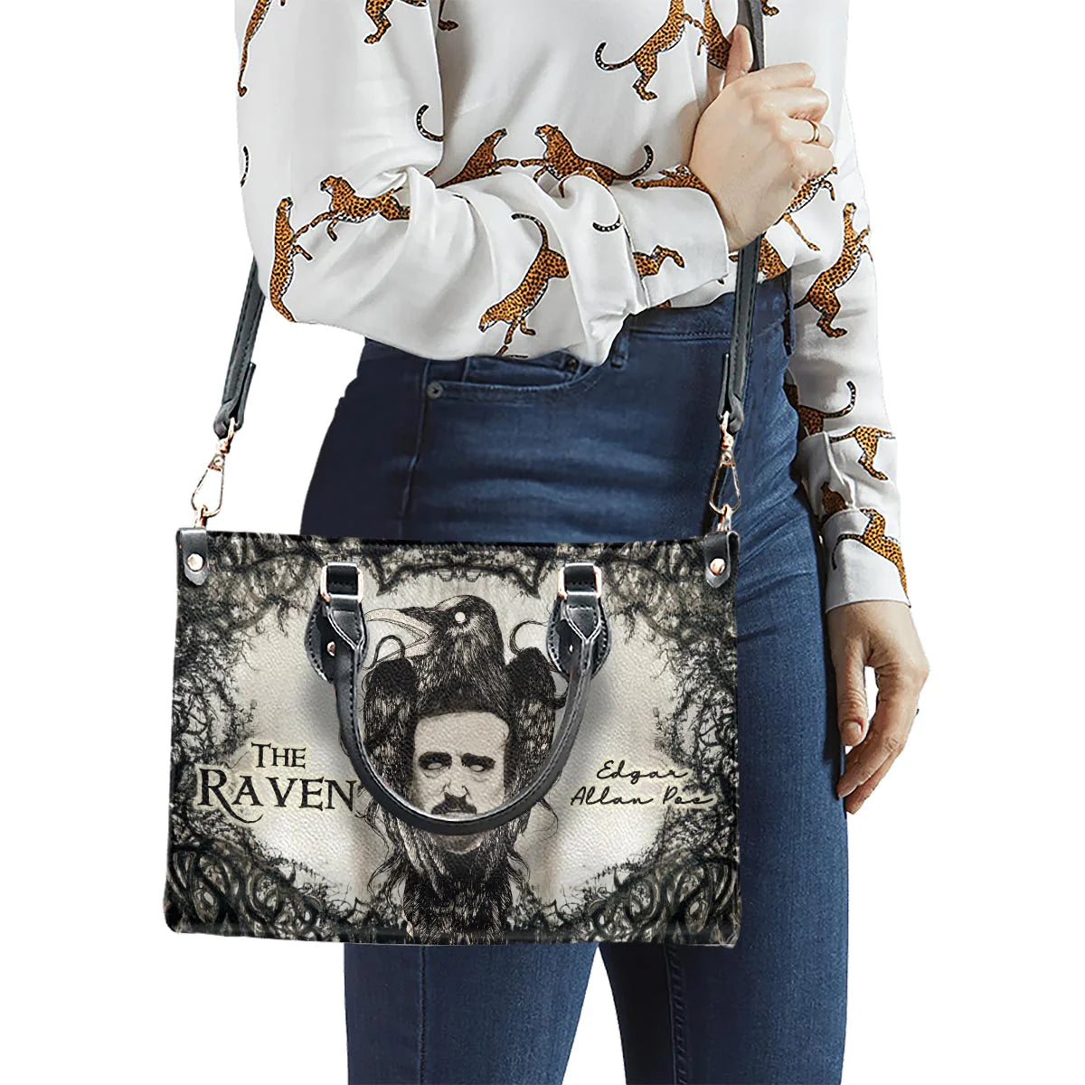 Christianartbag Novel Bags, Personalized Leather Handbags for Literary Enthusiasts, The Raven Edgar Allan Poe Leather Handbag, CABHN05281223. - Christian Art Bag