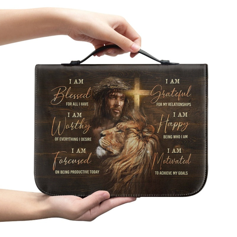 Empowering Personalized Bible Cover with Lion Imagery - Affirmation & Faith | CHRISTIANARTBAG CABBBCV02190324.