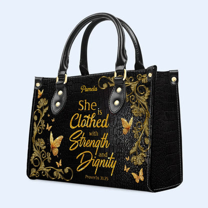 Personalized Leather Handbag – Blessed Mom – She is clothed with strength and dignity – Proverbs 31:25 | CHRISTIANARTBAG