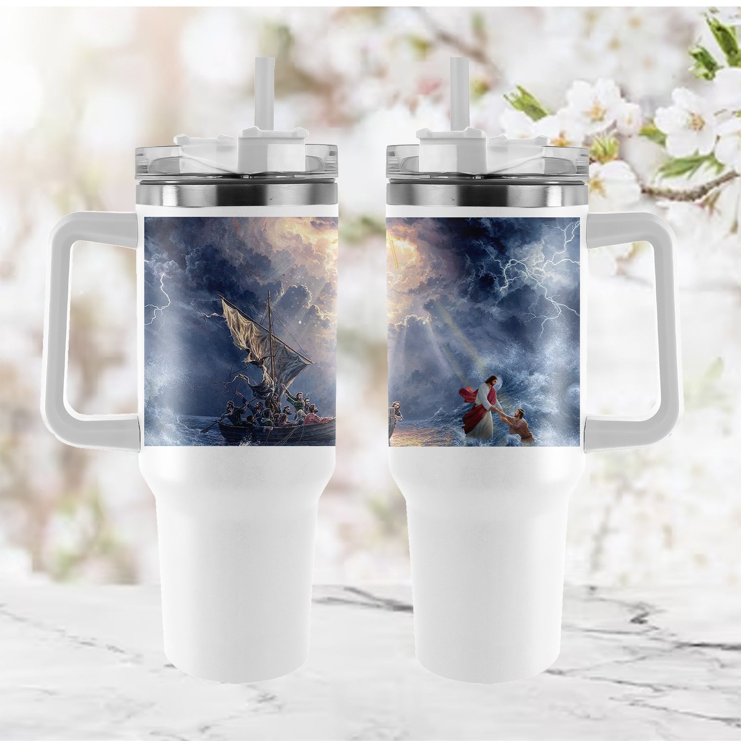 Christianartbag Drinkware, Jesus In The Storm At Sea Personalized Tumbler With Handle, Personalized Tumbler With Handle, Tumbler With Handle, Christmas Gift, CAB04280823 - Christian Art Bag