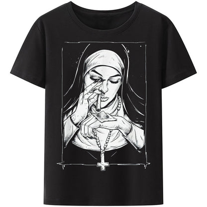 Christianartbag Funny T-Shirt, Christian Art Shirt, Funny Devil Unholy Nun T Shirt Free Harajuku Casual New Arrival T-shirt Summer Men Print T Shirt Casual Cool T-shirt Male's Tops - Christian Art Bag