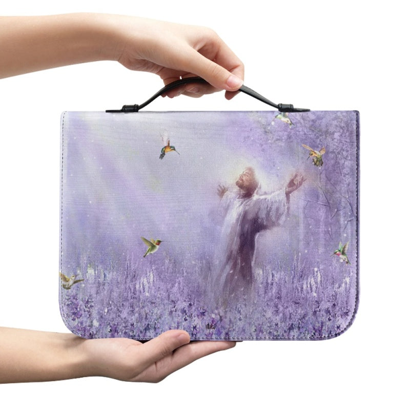 Personalized Spiritual Awakening Bible Cover - Jesus in Purple Meadow Art with Custom Name Option by CHRISTIANARTBAG CABBBCV02270324