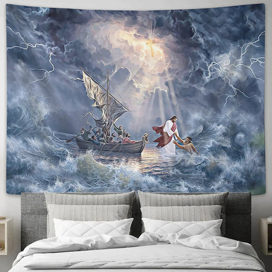 Christianartbag Tapestry, Jesus In The Storm At Sea, Jesus Calm The Storm, Tapestry Wall Hanging, Christian Wall Art, Tapestries - Christian Art Bag