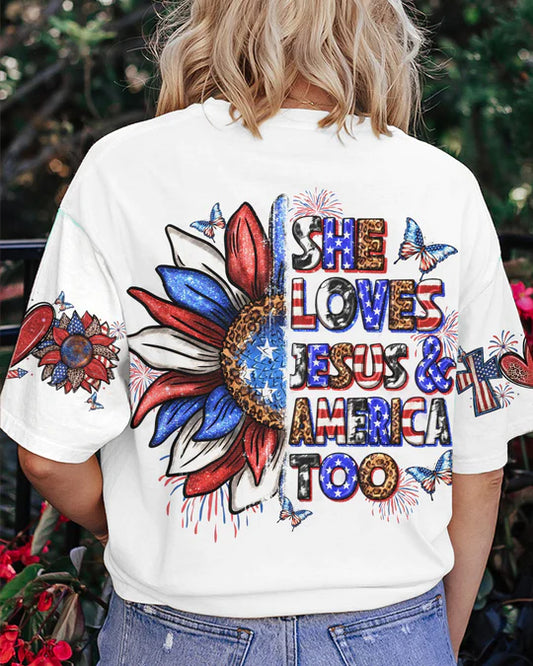 Christianartbag 3D T-Shirt For Women, She Loves Jesus and America Women's All Over Print Shirt, Christian Shirt, Faithful Fashion, 3D Printed Shirts for Christian Women - Christian Art Bag