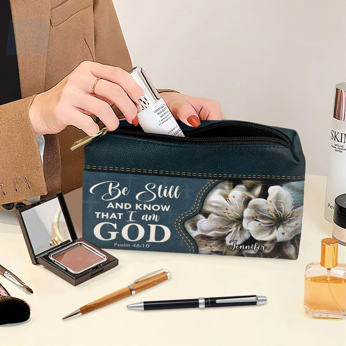 Christianartbag Makeup Cosmetic Bag, Be Still And Know That I Am God, Christmas Gift, Personalized Leather Cosmetic Bag. - Christian Art Bag