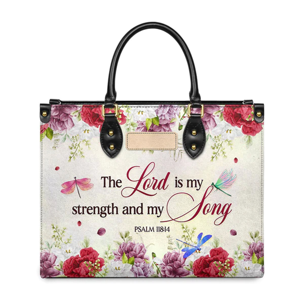 Christianart Designer Handbags, The Lord Is My Strength And My Song Psalm 118:14 Dragonfly Flower, Personalized Gifts, Gifts for Women, Christmas Gift. - Christian Art Bag