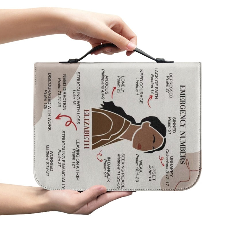 CHRISTIANARTBAG Bible Cover – "Emergency Numbers" Scripture Guide Design with Customizable Name, Skin Tone, and Hair Color | Spiritual Comfort and Guidance for Life's Challenges - CAB0130924