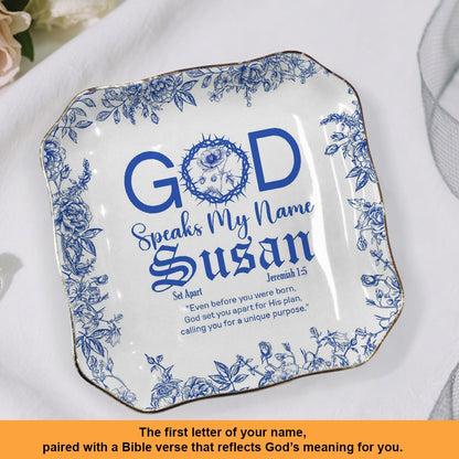 Personalized Jewelry Dish – Birth Month Flower & God Speaks My Name with Bible Verse Gift