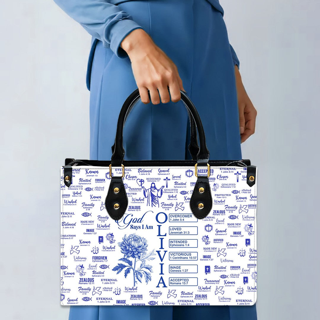 Personalized Leather Tote Bag with Name & Birth Month Flower – Custom Christian Handbag