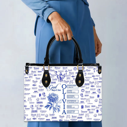 Personalized Leather Tote Bag with Name & Birth Month Flower – Custom Christian Handbag