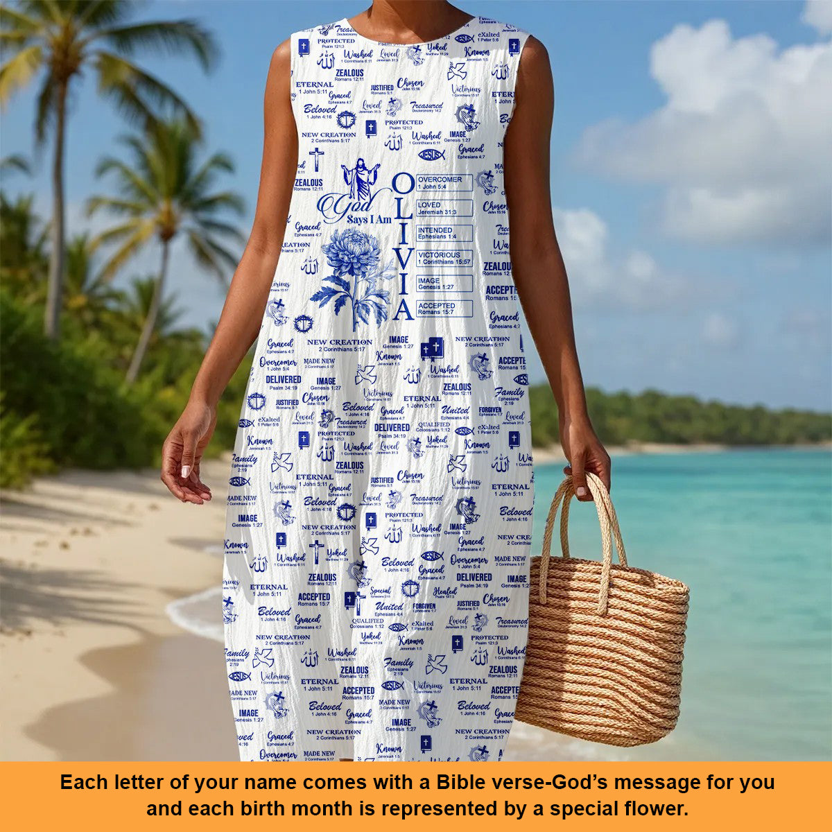 Personalized Christian Maxi Dress with Name, Bible Verses & Birth Month Flowers – Faith-Inspired Summer Outfit