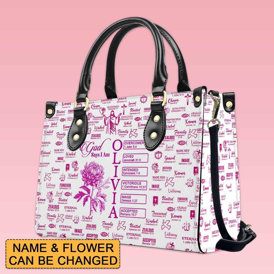 Personalized Leather Tote Bag with Name & Birth Month Flower – Custom Christian Handbag